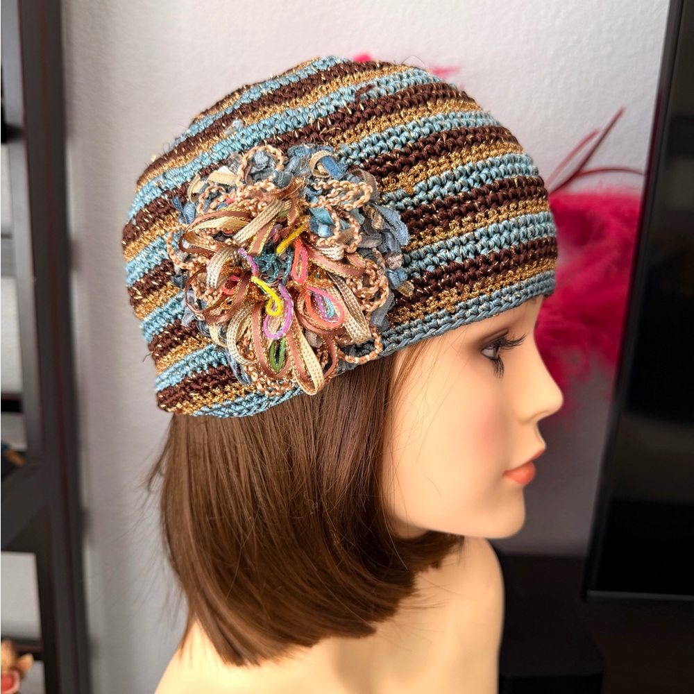 Striped Multicolor Knit Beanie with Floral Accent